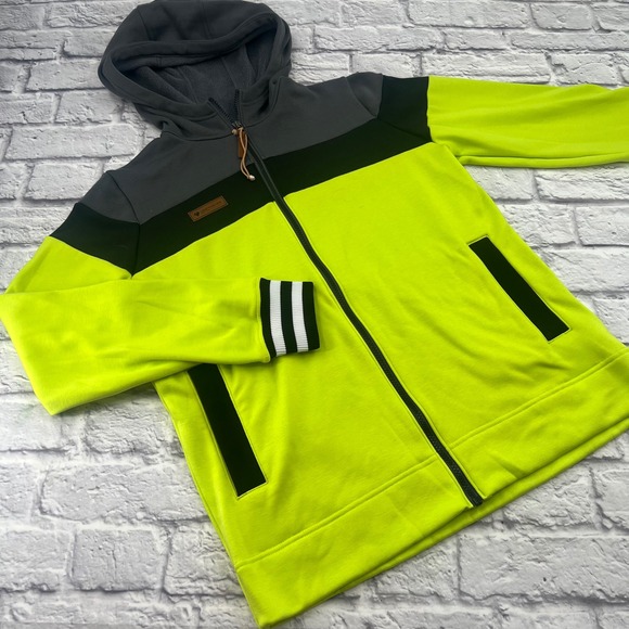 Obermeyer XL Zip Up Jacket Fleece Hooded Mens Yellow Gray Striped Sleeve - Picture 1 of 7
